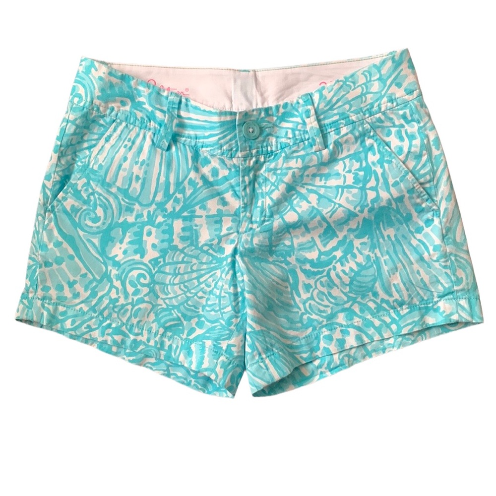 Lilly Pulitzer Aqua and White Printed Cotton Shorts
